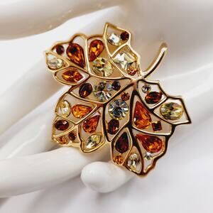 Vintage Nolan Miller Maple Leaf Brooch Gold Plate Rhinestone Glamour Collection